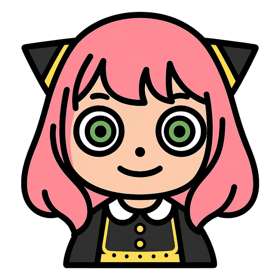 Convert this Anya Forger icon to a color version with her pink hair, green eyes, and black dress with gold accents, keeping the modern icon style and transparent background. sticker