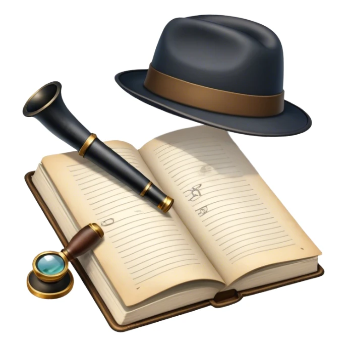 Icon for Detective Reading: an open book with a magnifying glass, a detective’s hat, and a notebook with clues, surrounded by dark shadows and mysterious elements like footprints and a smoking pipe. Transparent background. sticker