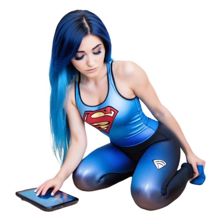 Disapponted-big tears-head back texting on phone-very very large upper body-sexy face-bending forward at waist-very long very straight dark blue to light blue ombre hair-and-blue eyes-thick black eyeliner-long eyelashes-iridescent blue lowcut tanktop with black leggings with glitter superman logo sticker