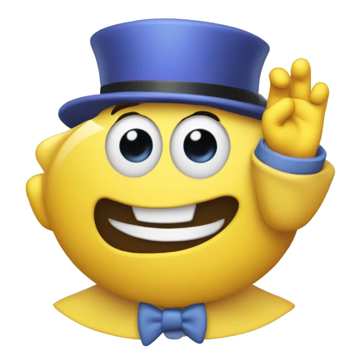 a yellow face emoji NOT SMILING saluting with a top hat that has a periwinkle band on it sticker