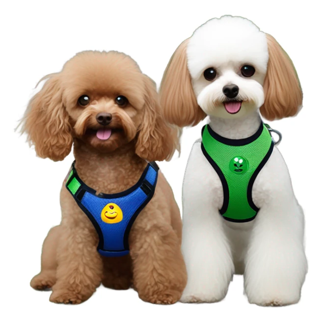 Brown toy poodle with dark blue harness and white Maltese with green harness sticker