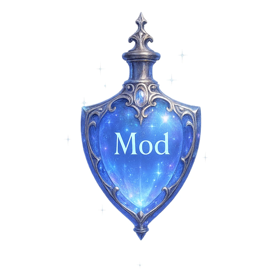 luxurious crystal elixir bottle in shield shape, color #7986cb, ornate silver and iridescent details, magical glowing and sparkling effects, very small neck, seamless bottom, transparent background, bottle floating in air, no base or shadow, modern, collection style, the word 'Mod' written on the bottle sticker