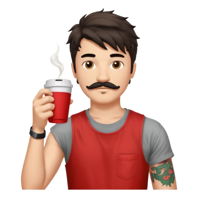 generate an ios genmoji of a fair 20 year guy with black mustache, messy mullet hairstyle, drinking takeaway coffee. wearing a sleeveless red tshirt sticker