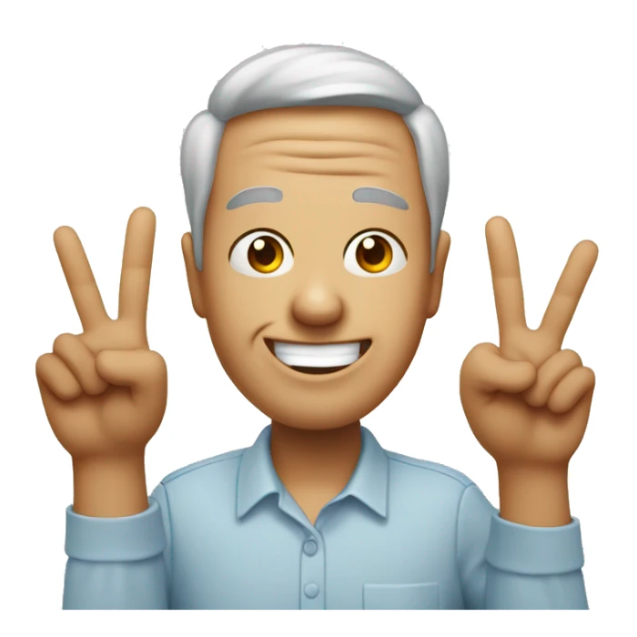 A face with eyes wide, grinning anxiously, forehead in wrinkles and two hands throwing peace signs sticker