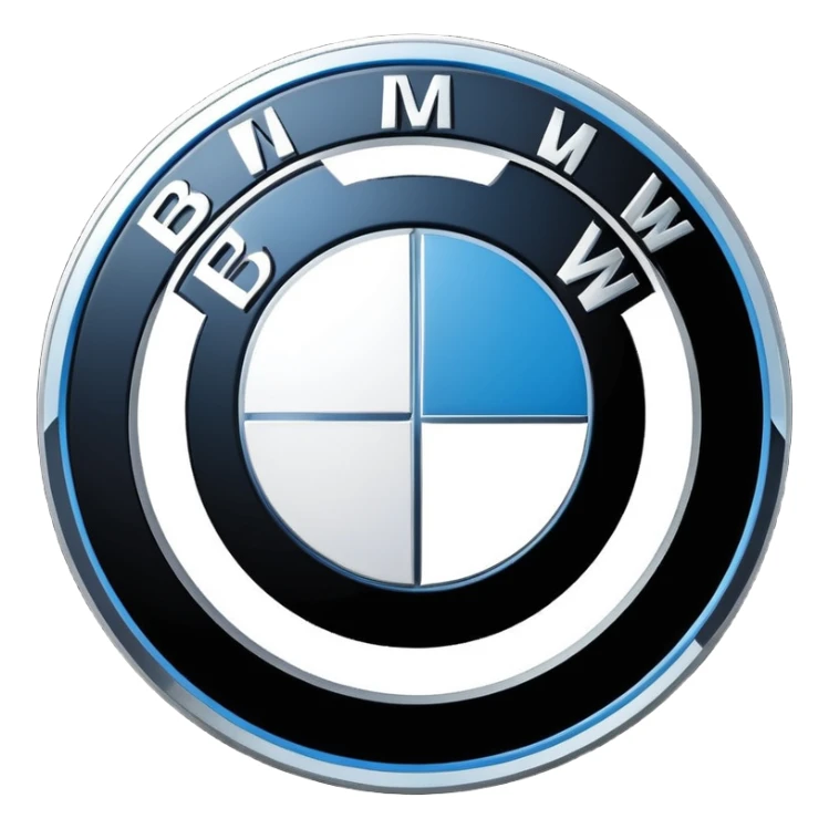 A clean, circular car logo inspired by BMW, with a black outer ring, inner circle divided into four equal quadrants, alternating blue and white colors, bold white letters on the black ring, glossy finish, minimal background, high resolution, professional automotive logo style sticker