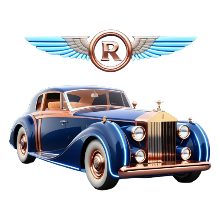 dark blue led lights on a streamlined channeled hot rodded delicately inlaid rose gold and wood accentuated sporty 1939 Rolls Royce with futuristic electric spaceship plasma neon glowing motors and lightening dynamos with wide racing wheels that are held strong by advanced suspension and steering sticker