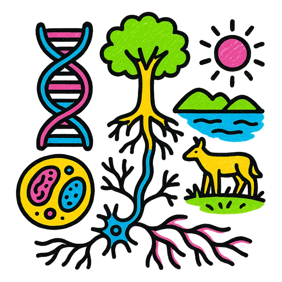 A realistic biological illustration (like in a school book) showing: DNA strands transitioning into a tree, cells with visible organelles, neurons connected to plant roots  and a balanced ecosystem background . Seamless integration, no labels or borders, complete white background (not off white!), detailed but minimalist.  sticker