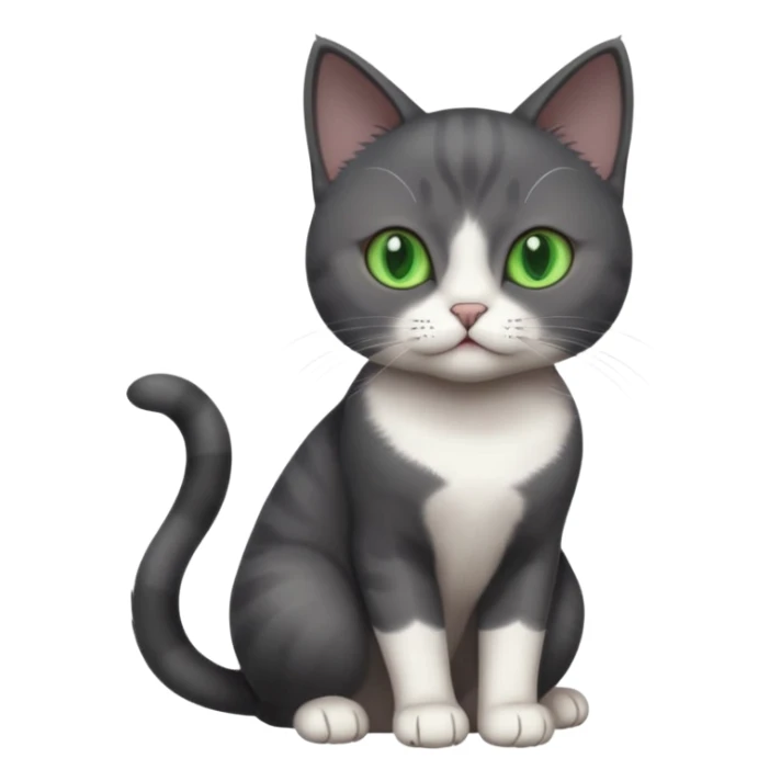 beautiful female solid dark grey cat with green eyes, white toes/paws and white patch on her chest playing sticker