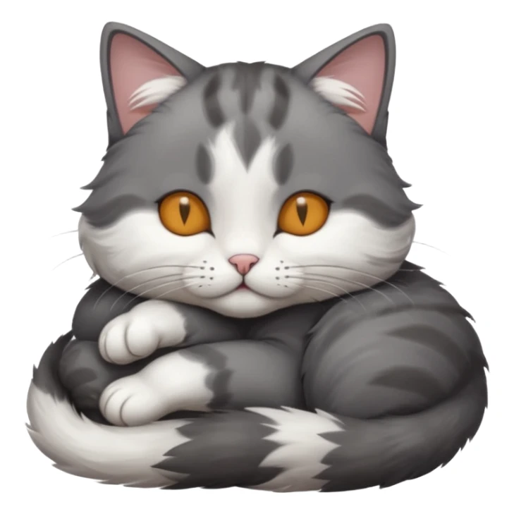 dark grey and white small cat with his eyes closed leaning his head on his paw while lying down sticker