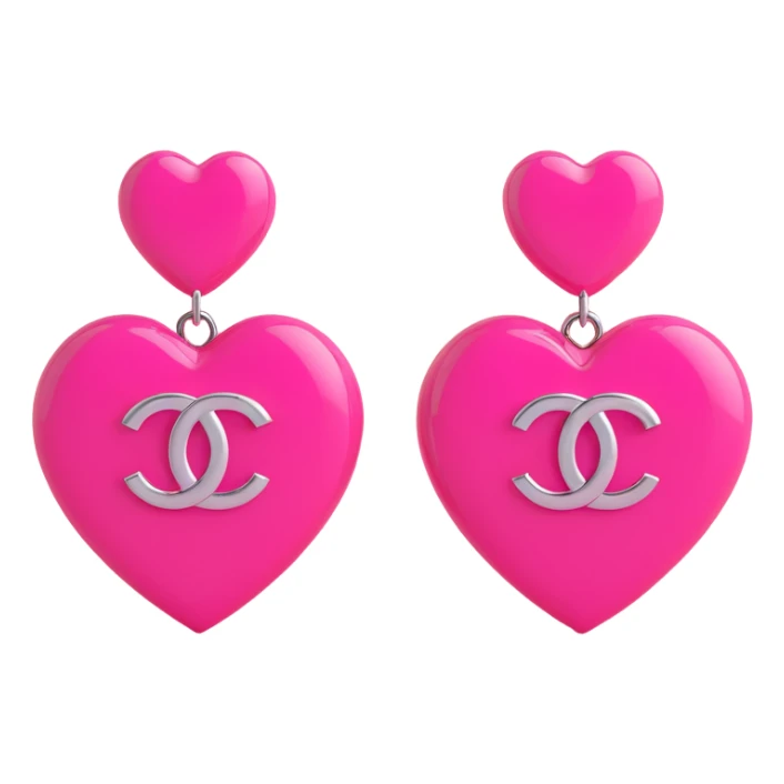 Remove any pearl elements, keep as glossy pink 3D emoji-style heart-shaped earrings with a silver Chanel logo in the center, elegant, with no background. sticker