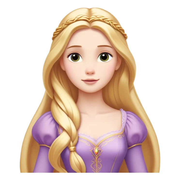 Cinematic Timeless Rapunzel Portrait Emoji, rendered in a clean, vector style. Depict Rapunzel with porcelain skin, beautifully styled long golden hair, and a serene, graceful expression, dressed in her classic gown. The design features bold, clean lines, a soft, magical glow, and a subtle glowing outline that captures her timeless, fairy-tale beauty. sticker