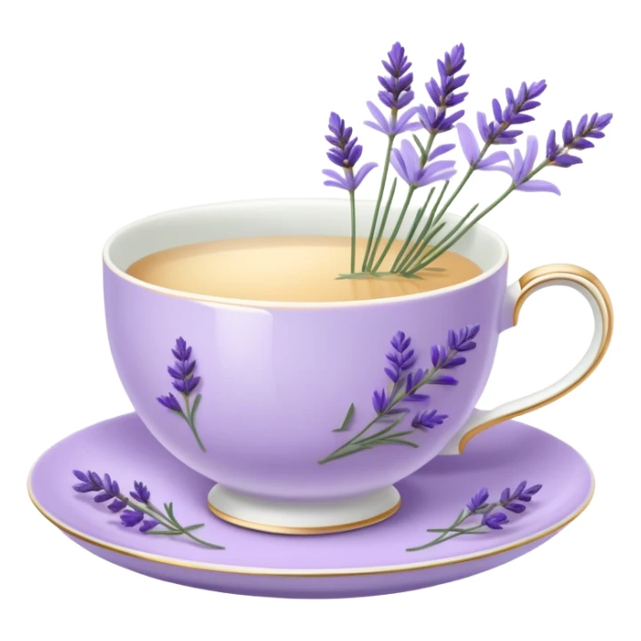 White teacup on a pastel purple plate, lavender flowers on the side sticker