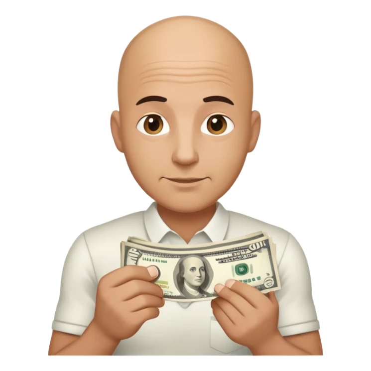 Bald tan man holding money sticker