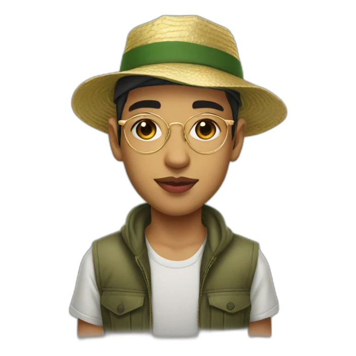 young algerian guy with big pink lips and thin gold transparent glasses, wearing fishing hat with a scar on left cheek sticker