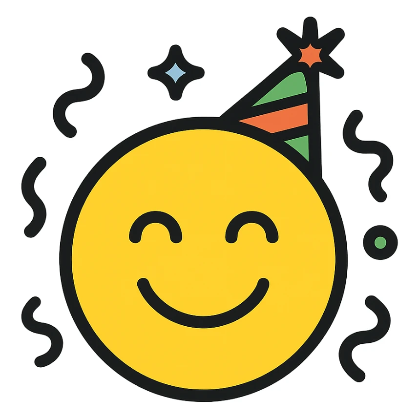 emoji celebrating with party hat, confetti, smiling, color outline icon style sticker