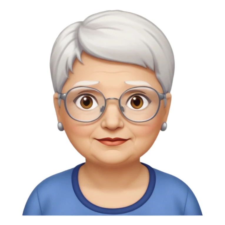 Create me emoji of an old mid-fat lady. Short white hair to left side. Square glasses. Brown eyes. Without any earings. Long head sticker