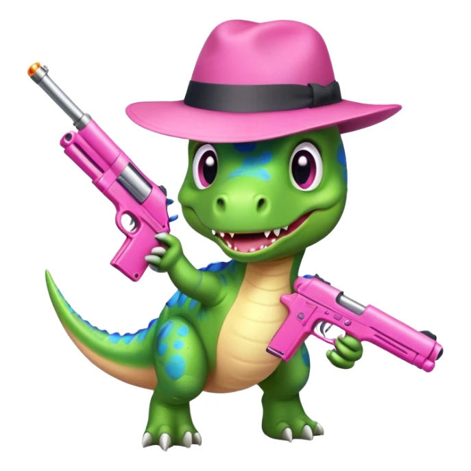 dino with a hat and a pink gun sticker