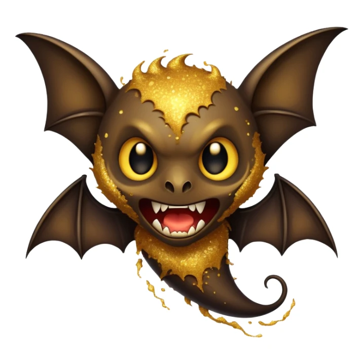 A bat spooky creature covered with swirling golden particles and with a dark aura, sharp teeth, menacing. sticker