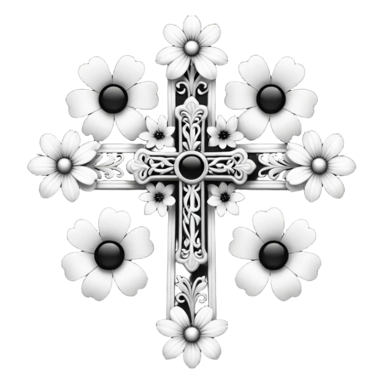 a black and white detailed cross with black and white flowers over the top sticker