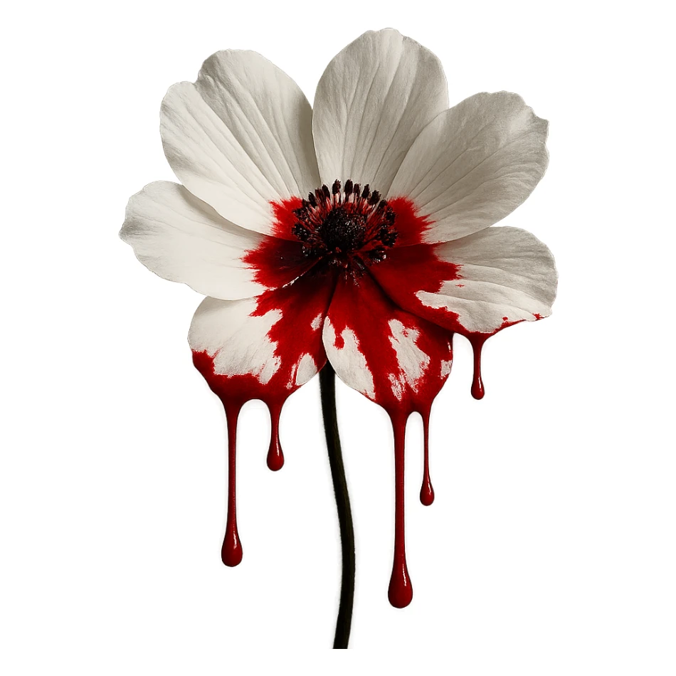 a white flower with red blood, visually striking, no text, dramatic contrast, artistic, bold and simple sticker