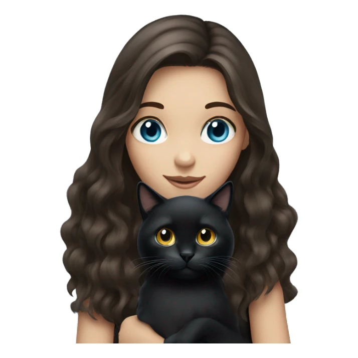 long haired brunette girl with blue eyes holding a black cat sticker