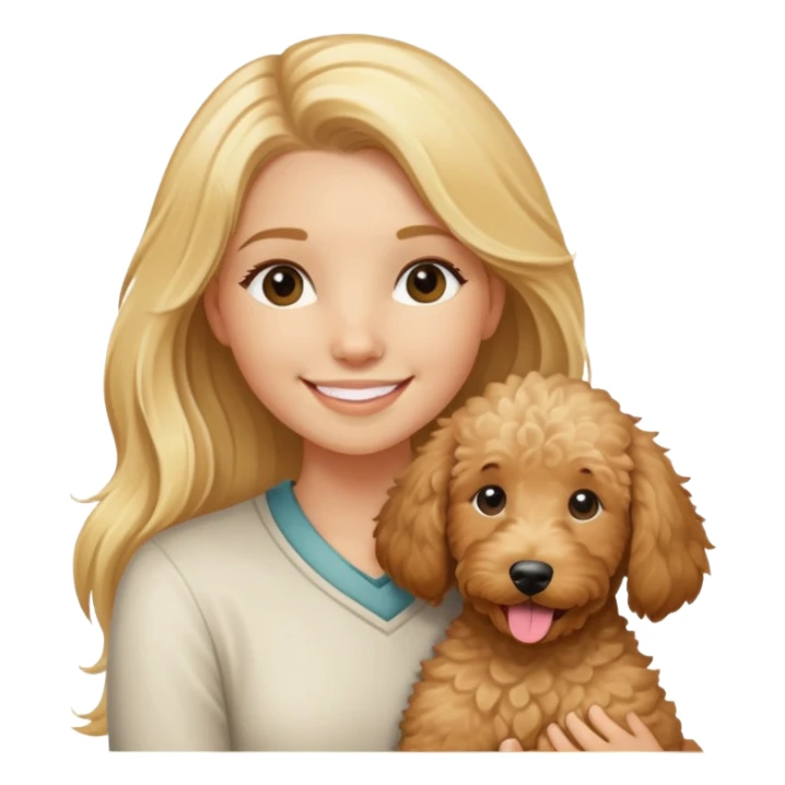 clean girl long blonde hair smiling holding tan goldendoodle sticker
