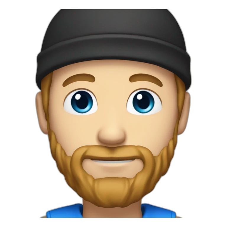 Guy with light brown hair, beard and blue eyes and a black bonnet sticker