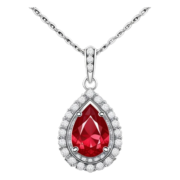teardrop ruby pendant glowing fiery red, set in a delicate silver chain with a halo of shimmering white stones sticker