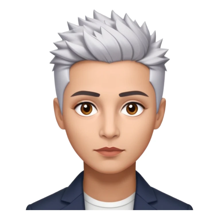 Marian Pabón with elegant facial features, light rosy complexion, expressive made-up eyes, medium well-defined lips, sophisticated pronounced cheekbones, short spiky silver hair styled like a men's cut sticker