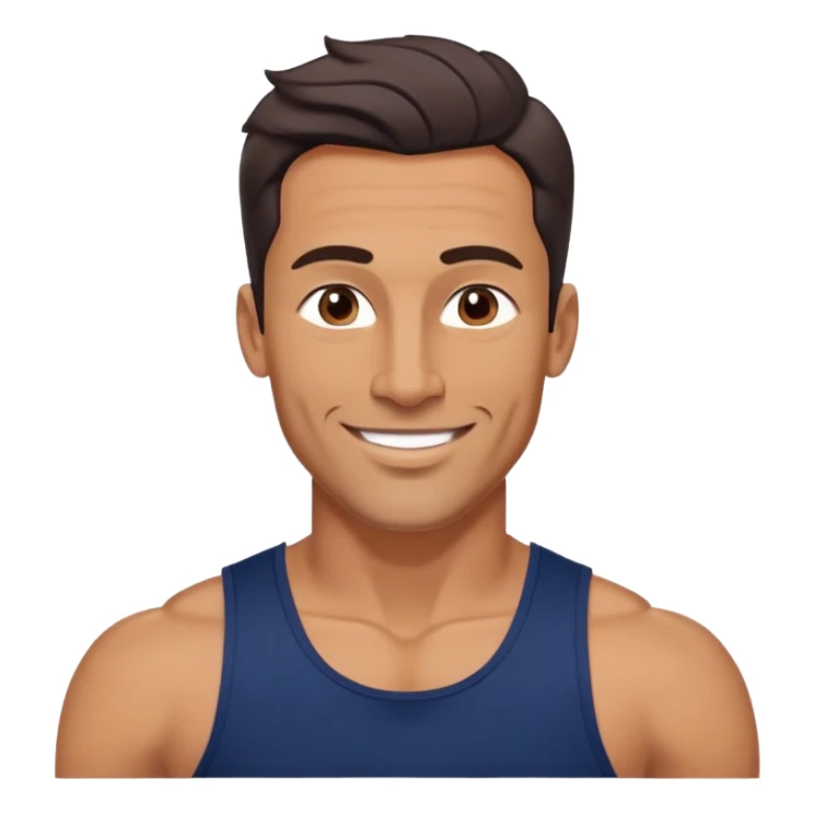 Athletic 40-year-old man with tanned light brown skin. Elongated face with defined jawline. Confident smile. Medium dark eyes, arched eyebrows. Straight nose. Wavy dark hair in a modern cut. Wearing a navy blue tank top showing fit physique. sticker
