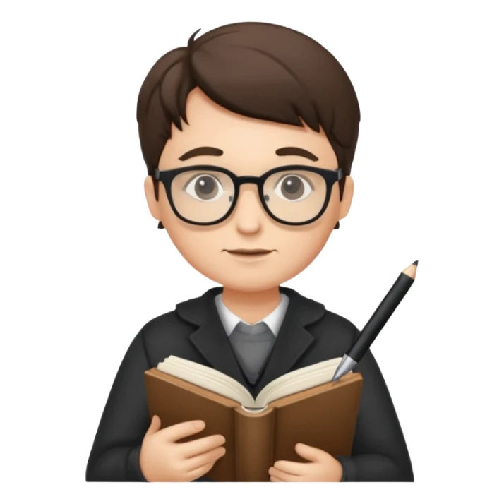 writer holding pen and book, wearing glasses sticker