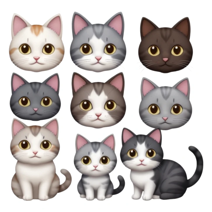 4 different coloured short haired cats including; a dark brown and white cat, and a dark grey and white  sticker
