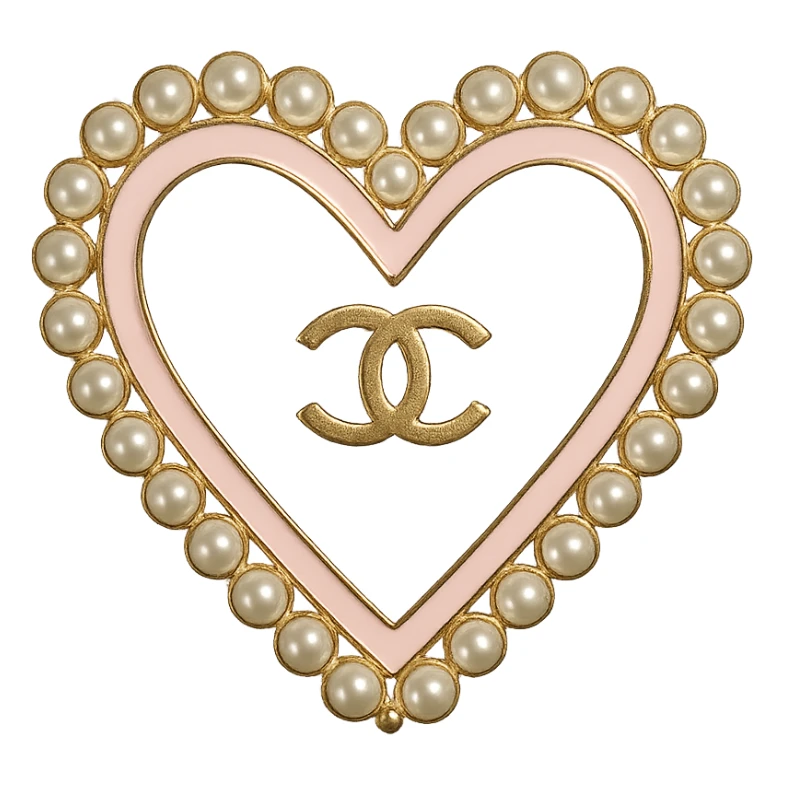  only the elegant heart with pearls and gold Chanel logo,  with no background. black pink,  sticker