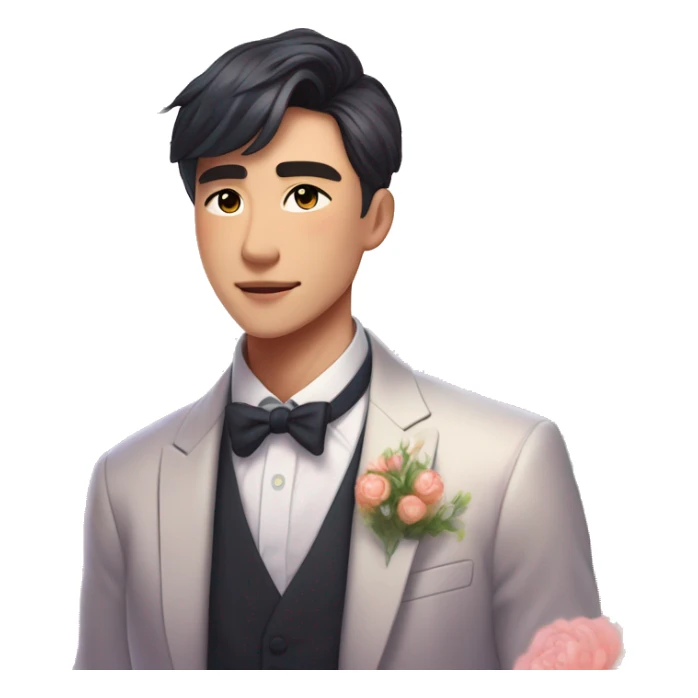 Gorgeous romantic anime style Asian formal modern gentlemanly guy with flowers and blushing face aesthetic trending style outside with colorful gradient bright light colors sticker