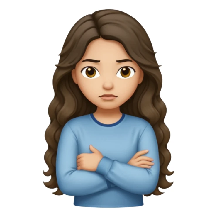 Hispanic light tan girl with long dark wavy hair with arms folded while pouting. Wearing a long sleeve. Hair with middle part. sticker