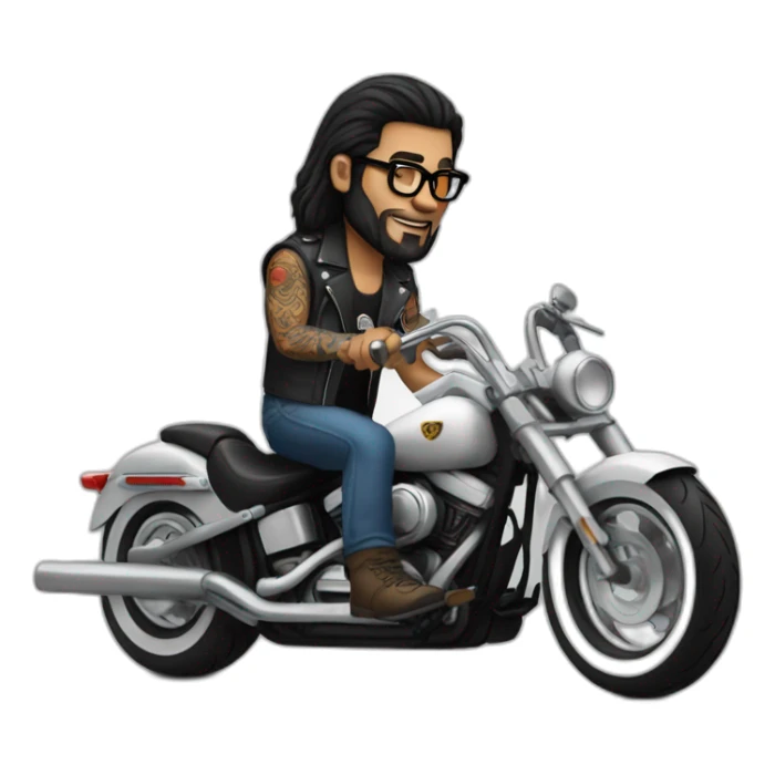 A man with tattoos, long hair and glasses riding a Harley motorcycle  sticker