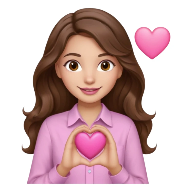 girl with wavy long brown hair, brown eyes, light to medium complexion, long lashes, light pink lipstick, wearing light pink shirt, smiling, hands holding a pink heart sticker