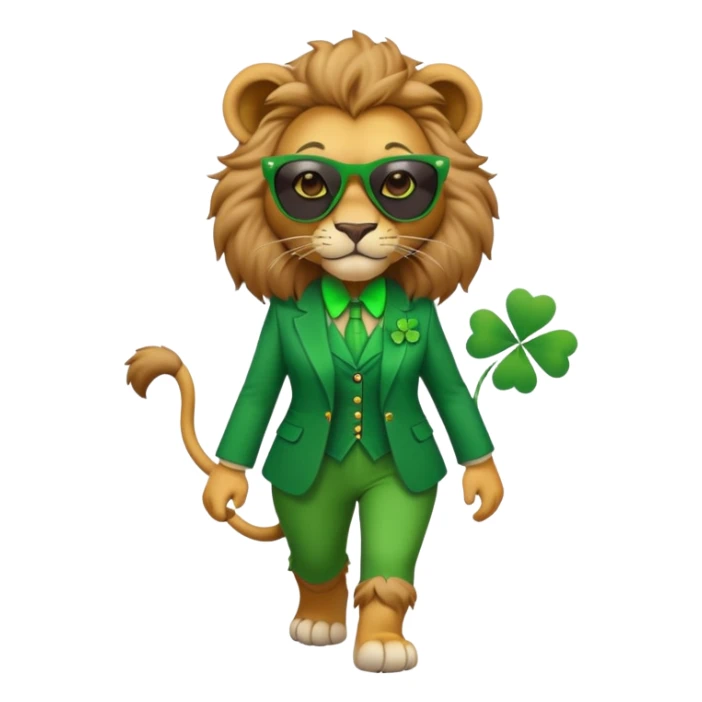 confident anthropomorphised female lion in St. Patrick's Day green clothes with shamrock accessories, dark sunglasses, walking upright, looking self-assured sticker