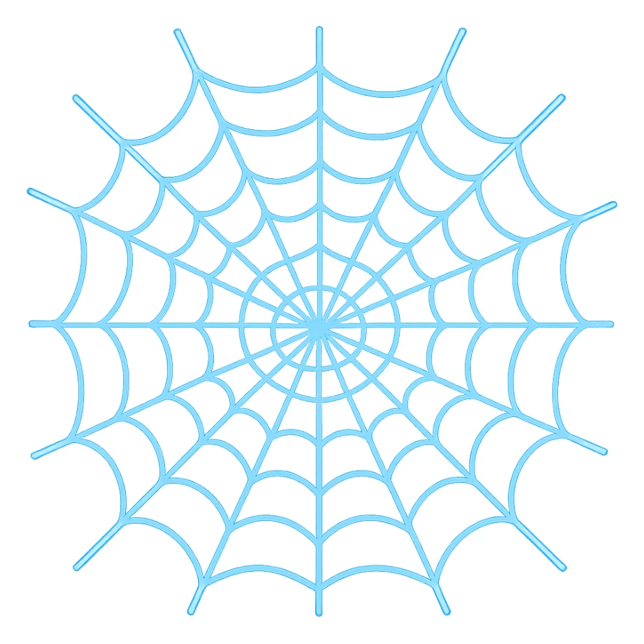 Render the spider web with all web strands looking like glowing blue lasers in the style of apple emojis. Transparent background. sticker