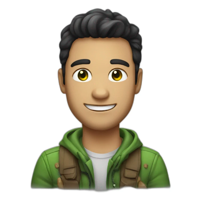 nice man with green eyes, dark hair, smiling with a dinosaur sticker