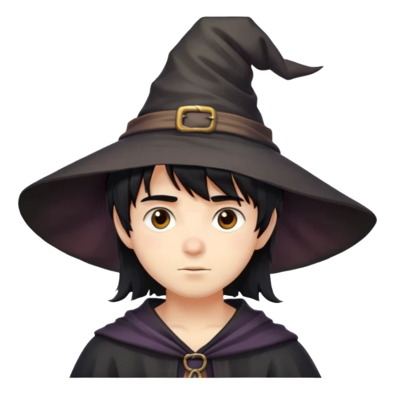 Cute boy with bangs and messy black hair with witch hat sticker