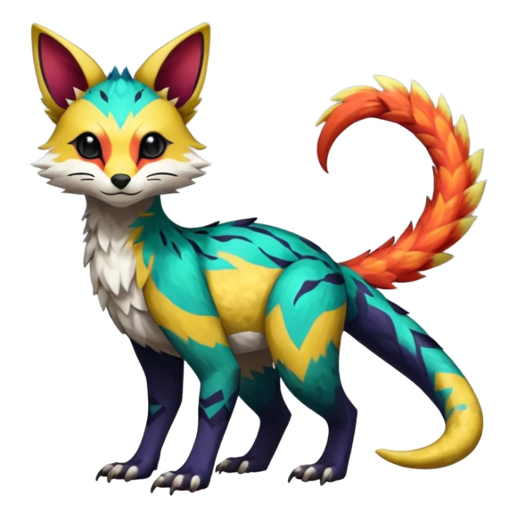 Rare realistic exotic edgy epic pretty beautiful handsome gorgeous aesthetic colorful vibrant Vernid-Trico-species-Fakemon-creature by LiLaiRa, 4 legs, 1 tail, random markings, (full body) sticker