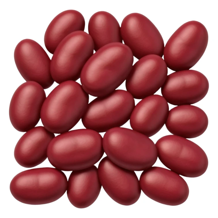 small cluster of kidney-shaped red beans in vibrant tones from brick red to deep burgundy, smooth, plump, slightly glossy, natural curves, clean, natural 3D rendering, soft lighting, subtle shadows, transparent background, emoji scale, optimized for clarity, shape, and rich tone at small size sticker