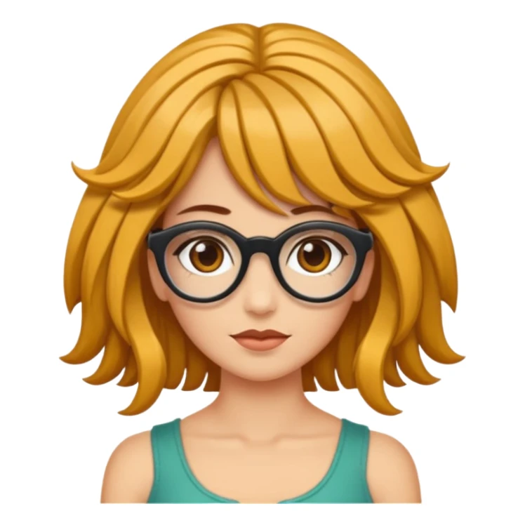 Uma garota de cabelos cacheados compridos e mechas loiras, com pele morena  e óculos sticker