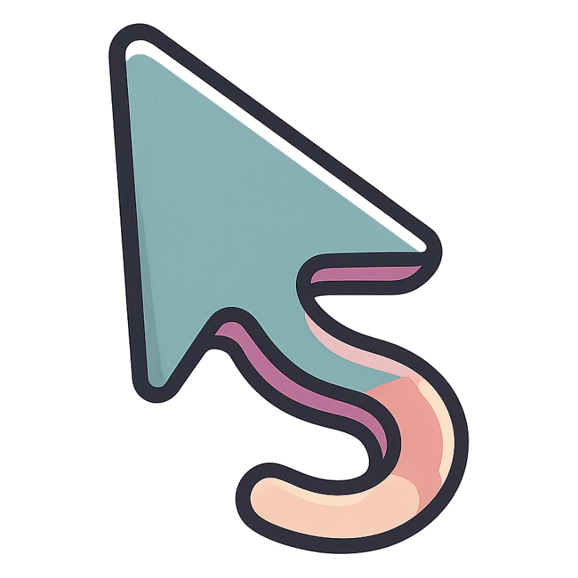 mouse cursor arrow with a smooth S-shaped curve, icon-color-outlined style, thin clean outlines, soft rounded shapes, pastel palette #98B5BC, #B5B3C1, #C9A3C9, #E4C0CA, #F7DCD1, #F7C0AA, detailed shadows and highlights, soft lighting, transparent background sticker