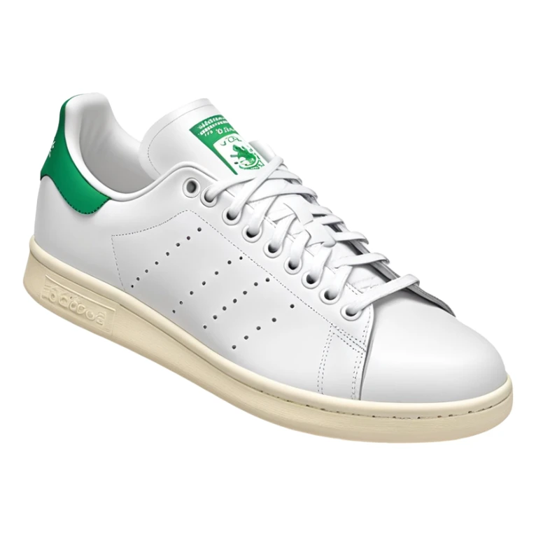 Classic white Adidas Stan Smith sneaker with green heel tab, white leather body, side view, perforated three stripes, iOS emoji style sticker