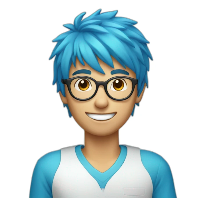 A boy with blue hair, round glasses and a dental appliance behind a computer sticker