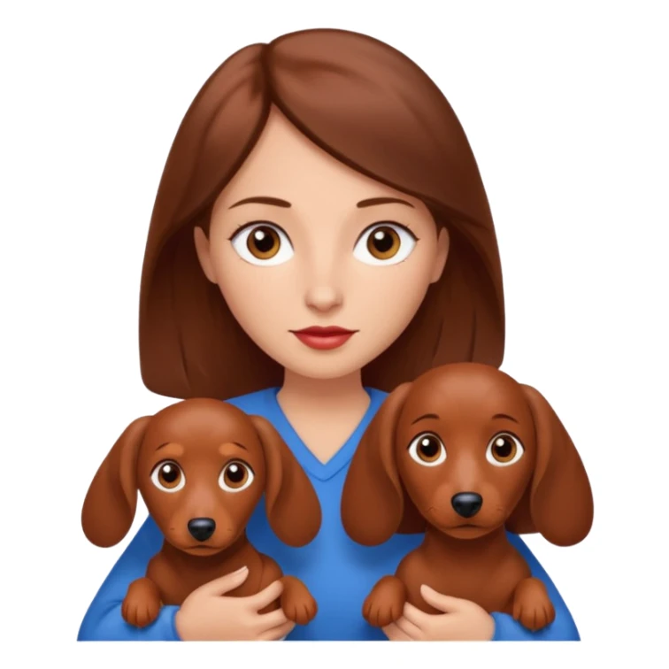 White woman with medium length brown hair and blue eyes holding a red dashound sticker