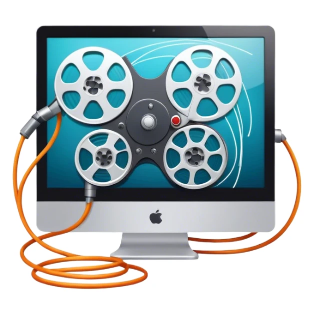 Create a vibrant and modern icon representing Animation and Motion Design, featuring elements like a film reel, a computer screen, and dynamic motion lines. The design should be visually engaging, colorful, and dynamic, without any emojis. The background must be transparent. sticker