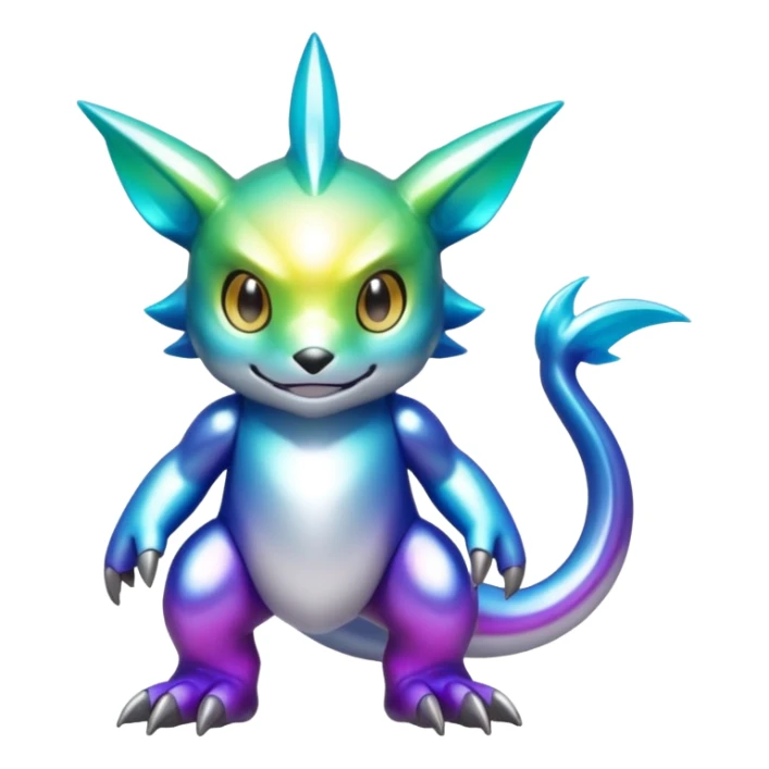 white iridescent colorful metallic alloy gradient shiny glossy Fakémon-Digimon-creature-hybrid (full body) sticker